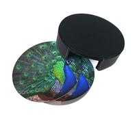 Drink Coasters Set of 6 with Storage Box Round Coasters Set PU Leather Cup Mats,Beautiful Peacock