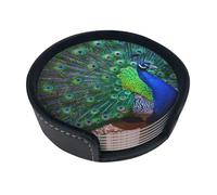 Drink Coasters Set of 6 with Storage Box Round Coasters Set PU Leather Cup Mats,Beautiful Peacock