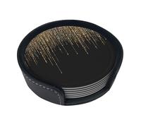 Drink Coasters Set of 6 with Storage Box Round Coasters Set PU Leather Cup Mats,Black Gold Sparkly Glitter Fringe
