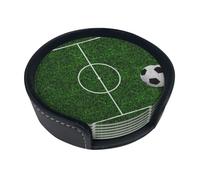 Drink Coasters Set of 6 with Storage Box Round Coasters Set PU Leather Cup Mats,Football Field 3D Soccer
