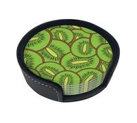 Drink Coasters Set of 6 with Storage Box Round Coasters Set PU Leather Cup Mats,Green Kiwi Pattern