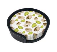 Drink Coasters Set of 6 with Storage Box Round Coasters Set PU Leather Cup Mats,Green Pistachio Pattern