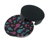 Drink Coasters Set of 6 with Storage Box Round Coasters Set PU Leather Cup Mats,Neon Question Mark Seamless