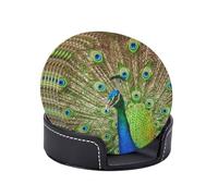 Drink Coasters Set of 6 with Storage Box Round Coasters Set PU Leather Cup Mats,Peacock