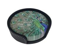 Drink Coasters Set of 6 with Storage Box Round Coasters Set PU Leather Cup Mats,Peacock Displaying Feathers Open Wings