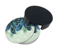Drink Coasters Set of 6 with Storage Box Round Coasters Set PU Leather Cup Mats,Peacock Feather Pattern