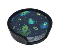 Drink Coasters Set of 6 with Storage Box Round Coasters Set PU Leather Cup Mats,Peacock Feather Printed
