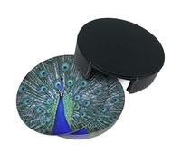 Drink Coasters Set of 6 with Storage Box Round Coasters Set PU Leather Cup Mats,Peacock Feather With Eye Birds Prin
