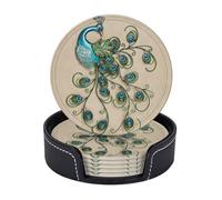 Drink Coasters Set of 6 with Storage Box Round Coasters Set PU Leather Cup Mats,Peacock Pattern Printed
