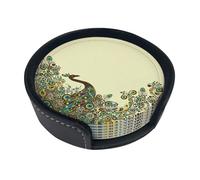 Drink Coasters Set of 6 with Storage Box Round Coasters Set PU Leather Cup Mats,Vintage Peacock