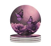 Drink Coasters with Cork Backing Ceramic Coasters 3D Flowers and Purple Butterfly Coaster for Drinks Non-Slip Coaste Round Absorbing Stone Coaster Set of 4PCS for Kinds of Cups Coffee Table