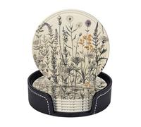 Drink Coasters with Holder, 10 cm Leather Coasters for Drinks Set of 6 for Tabletop Protection, Cup Coasters Decorative Bar Coaster Floral Herbs Botanical Engraving Coffee Cup Pad for Home Decor