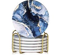 Drink Coasters with Holder 6 Pack, Ceramic Coasters Marble Style, Absorbent Abstract Coasters Set, 4in Cup Mat for Any Cups, Home, Living Room Decor, Tabletop-Protection for Coffee Beverage-Navy Blue