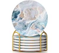 Drink Coasters with Holder 6 Pack, Ceramic Coasters Marble Style, Absorbent Abstract Coasters Set, 4in Cup Mat for Any Cups, Home, Living Room Decor, Tabletop-Protection for Coffee Beverage-Light Blue