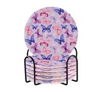 Drink Coasters with Holder 6 Pcs, Purple Butterfly Absorbent Cotton Woven Coaster Set 10 cm