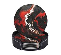 Drink Coasters with Holder 6 Pcs Round Coasters for Drinks Black and red Marble Coasters Heat-Resistant Mugs Mat Cup Pad Non-Slip Leather Coasters for Coffee Table Kitchen Dining Room Bar Decor
