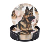 Drink Coasters with Holder 6 Pcs Round Coasters for Drinks German Shepherd Dog Lovers Coasters Heat-Resistant Mugs Mat Cup Pad Non-Slip Leather Coasters for Coffee Table Kitchen Dining Room Bar Decor