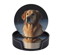 Drink Coasters with Holder 6 Pcs Round Coasters for Drinks Golden Retriever Coasters Heat-Resistant Mugs Mat Cup Pad Non-Slip Leather Coasters for Coffee Table Kitchen Dining Room Bar Decor