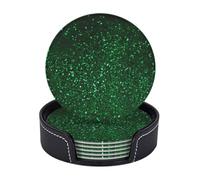 Drink Coasters with Holder 6 Pcs Round Coasters for Drinks Green Sequin Sparkle Coasters Heat-Resistant Mugs Mat Cup Pad Non-Slip Leather Coasters for Coffee Table Kitchen Dining Room Bar Decor