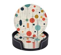 Drink Coasters with Holder 6 Pcs Round Coasters for Drinks Modern Mid Century Coasters Heat-Resistant Mugs Mat Cup Pad Non-Slip Leather Coasters for Coffee Table Kitchen Dining Room Bar Decor