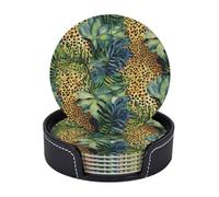 Drink Coasters with Holder 6 Pcs Round Coasters for Drinks Print Animal Leopard Print Jungle Coasters Heat-Resistant Mugs Mat Cup Pad Non-Slip Leather Coasters for Coffee Table Kitchen Bar Decor