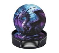 Drink Coasters with Holder 6 Pcs Round Coasters for Drinks Purple Dragon Purple Moon Coasters Heat-Resistant Mugs Mat Cup Pad Non-Slip Leather Coasters for Coffee Table Kitchen Dining Room Bar Decor