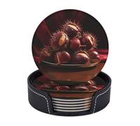 Drink Coasters with Holder A Few Chestnuts Coasters 6 Pcs Round Coasters for Drinks Mugs Mat Cup Pad Leather Coasters for Coffee Table Kitchen Dining Room Bar Decor 3.9 Inch