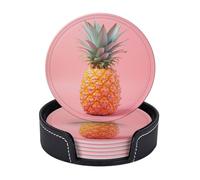 Drink Coasters with Holder A Pineapple Coasters 6 Pcs Round Coasters for Drinks Mugs Mat Cup Pad Leather Coasters for Coffee Table Kitchen Dining Room Bar Decor 3.9 Inch