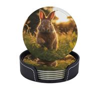 Drink Coasters with Holder A Rabbit Coasters 6 Pcs Round Coasters for Drinks Mugs Mat Cup Pad Leather Coasters for Coffee Table Kitchen Dining Room Bar Decor 3.9 Inch