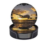 Drink Coasters with Holder Airplane Puzzle Coasters 6 Pcs Round Coasters for Drinks Mugs Mat Cup Pad Leather Coasters for Coffee Table Kitchen Dining Room Bar Decor 3.9 Inch