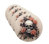 Drink Coasters with Holder Ancient skull and flowers Leather Coasters Round Coaster for Drinks Tabletop Protection Cup Mat Decorate Cup pad for Coffee Table Kitchen Dining Room Bar Decor