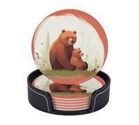 Drink Coasters with Holder Bear Hug Coasters 6 Pcs Round Coasters for Drinks Mugs Mat Cup Pad Leather Coasters for Coffee Table Kitchen Dining Room Bar Decor 3.9 Inch