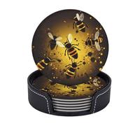 Drink Coasters with Holder Bee Pattern Coasters 6 Pcs Round Coasters for Drinks Mugs Mat Cup Pad Leather Coasters for Coffee Table Kitchen Dining Room Bar Decor 3.9 Inch