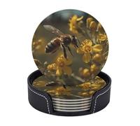 Drink Coasters with Holder Bees in The Wild Coasters 6 Pcs Round Coasters for Drinks Mugs Mat Cup Pad Leather Coasters for Coffee Table Kitchen Dining Room Bar Decor 3.9 Inch