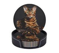Drink Coasters with Holder Bengal Cat Coasters 6 Pcs Round Coasters for Drinks Mugs Mat Cup Pad Leather Coasters for Coffee Table Kitchen Dining Room Bar Decor 3.9 Inch