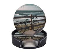 Drink Coasters with Holder Bicycle Leaning on Fence Coasters 6 Pcs Round Coasters for Drinks Mugs Mat Cup Pad Leather Coasters for Coffee Table Kitchen Dining Room Bar Decor 3.9 Inch