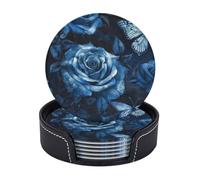 Drink Coasters with Holder Blue Rose and Butterfly Coasters 6 Pcs Round Coasters for Drinks Mugs Mat Cup Pad Leather Coasters for Coffee Table Kitchen Dining Room Bar Decor 3.9 Inch