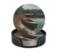 Drink Coasters with Holder Boat Moored on Shore Coasters 6 Pcs Round Coasters for Drinks Mugs Mat Cup Pad Leather Coasters for Coffee Table Kitchen Dining Room Bar Decor 3.9 Inch