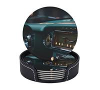 Drink Coasters with Holder Car Radio Coasters 6 Pcs Round Coasters for Drinks Mugs Mat Cup Pad Leather Coasters for Coffee Table Kitchen Dining Room Bar Decor 3.9 Inch