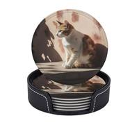 Drink Coasters with Holder Cat Basking in The Sun Coasters 6 Pcs Round Coasters for Drinks Mugs Mat Cup Pad Leather Coasters for Coffee Table Kitchen Dining Room Bar Decor 3.9 Inch