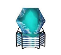 Drink Coasters with Holder Ceramics Coasters for Drinks Aqua Blue Turquoise Coaster Set of 6 Round Cup Mat Pad for Home Tabletop Protection Mat for Home Decor 4 Inch