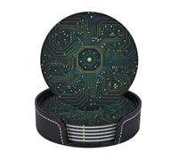 Drink Coasters with Holder Circuit Board Coasters 6 Pcs Round Coasters for Drinks Mugs Mat Cup Pad Leather Coasters for Coffee Table Kitchen Dining Room Bar Decor 3.9 Inch