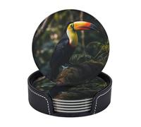 Drink Coasters with Holder Colorful Toucan Coasters 6 Pcs Round Coasters for Drinks Mugs Mat Cup Pad Leather Coasters for Coffee Table Kitchen Dining Room Bar Decor 3.9 Inch