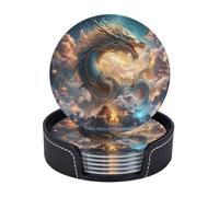 Drink Coasters with Holder Dragon in The Heavenly Palace Coasters 6 Pcs Round Coasters for Drinks Mugs Mat Cup Pad Leather Coasters for Coffee Table Kitchen Dining Room Bar Decor 3.9 Inch