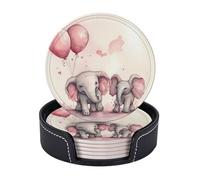 Drink Coasters with Holder Elephant with Pink Balloons Coasters 6 Pcs Round Coasters for Drinks Mugs Mat Cup Pad Leather Coasters for Coffee Table Kitchen Dining Room Bar Decor 3.9 Inch
