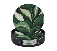 Drink Coasters with Holder Flowing Leaves Coasters 6 Pcs Round Coasters for Drinks Mugs Mat Cup Pad Leather Coasters for Coffee Table Kitchen Dining Room Bar Decor 3.9 Inch
