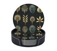 Drink Coasters with Holder Golden Palm Leaves Coasters 6 Pcs Round Coasters for Drinks Mugs Mat Cup Pad Leather Coasters for Coffee Table Kitchen Dining Room Bar Decor 3.9 Inch