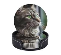 Drink Coasters with Holder Gray Cat with Green Eyes Coasters 6 Pcs Round Coasters for Drinks Mugs Mat Cup Pad Leather Coasters for Coffee Table Kitchen Dining Room Bar Decor 3.9 Inch