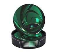 Drink Coasters with Holder Green Sculpture Coasters 6 Pcs Round Coasters for Drinks Mugs Mat Cup Pad Leather Coasters for Coffee Table Kitchen Dining Room Bar Decor 3.9 Inch