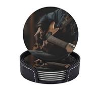 Drink Coasters with Holder Guitar Player Coasters 6 Pcs Round Coasters for Drinks Mugs Mat Cup Pad Leather Coasters for Coffee Table Kitchen Dining Room Bar Decor 3.9 Inch